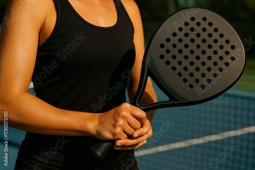 Female athlete holding black padel racket on blue outdoor court, sports concept close-up
