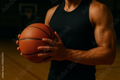 Strong male athlete holding basketball in dark indoor court, sports fitness concept close-up