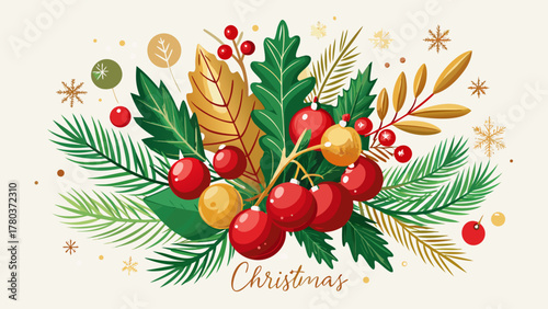 Stylish minimalist Christmas arrangement with vivid red berries, delicate pine sprigs, and subtle golden highlights on a white backdrop, capturing festive spirit, elegance, and seasonal charm