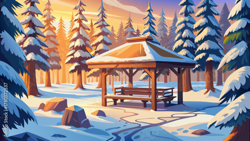 A rustic wooden gazebo with benches surrounded by soft snow, overlooking a peaceful pine forest blanketed in white, warm sunlight filtering through the trees, evoking serenity, solitude