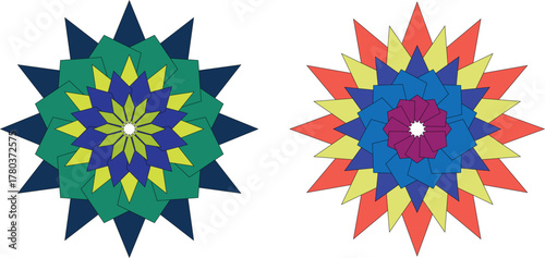 Abstract geometric mandala vector with colorful floral symmetry on black background, modern decorative art design representing balance, meditation, and digital creativity