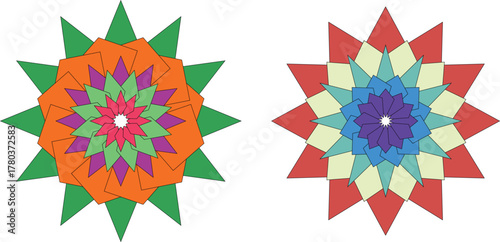 Abstract geometric mandala vector with colorful floral symmetry on black background, modern decorative art design representing balance, meditation, and digital creativity