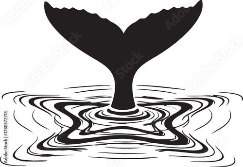 Black whale tail emerging from stylized water ripples