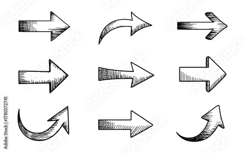Hand-painted arrow symbol pack.  brush-stroke vector arrows pointing in all directions on transparent background for illustration, web design, flowcharts, and creative storyboard graphic projects.