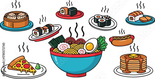 Various Delicious Food Items Art Style Illustration Including Ramen Pizza Sushi Pancakes And Hot Dog