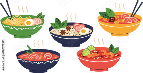 Pixel Art Assortment of Five Bowls of Steaming Noodle Soup and Stir Fry Dishes Featuring Vibrant Colors and Detailed Ingredients