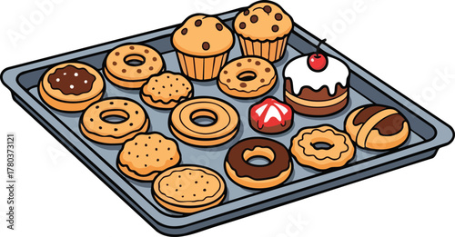 Pixel Art Baking Tray Full Of Assorted Baked Goods Including Muffins Cookies And Donuts