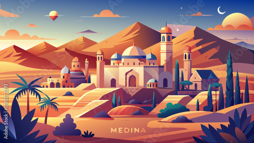 Very beautiful Medina travel poster in cinematic minimal vector style, featuring simple geometric buildings, warm desert tones, soft gradients, and a peaceful horizon creating an elegant modern landsc