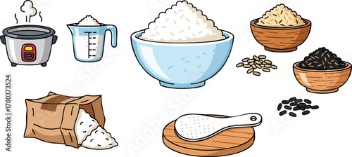 Pixel Art Collection Of Rice Ingredients And Cooking Utensils In A Simple White Background Displaying A Rice Cooker Measuring Cup And Bowls Of Rice