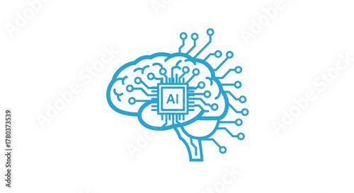 A blue outline of a human brain with an AI microchip and integrated circuits, symbolizing artificial intelligence and advanced machine learning.