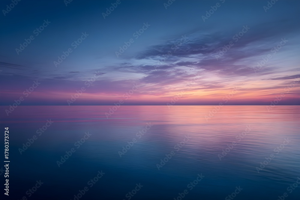 Obraz premium Sunset Over Calm Ocean with Gradient Sky from Pink to Deep Blue for Serene Seascape Photography