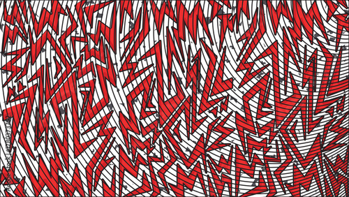 Graffiti Zigzag Abstract Seamless Pattern with Red Black Angled Shapes and Curved White Stripes for Sport Jersey and Streetwear Background