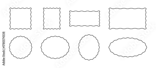 A set of wavy frames of different geometric shapes. Black and white graphic vector illustration with a line. The abstract element is isolated on a white background for design, text, label. Frame Icons