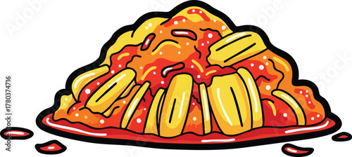 Pixel Art Illustration of Pasta With Red Sauce and Yellow Noodles Pile on a Plate