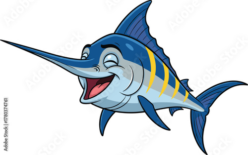 PrintHappy cartoon swordfish character smiling underwater, blue marlin illustration, ocean wildlife art, funny aquatic animal design for kids and education
