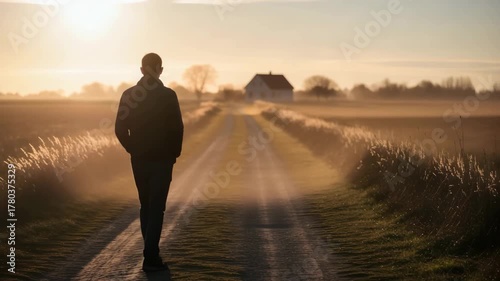 Solitary man in contemplative mood walking along rural road towards house at sunrise with misty fields background