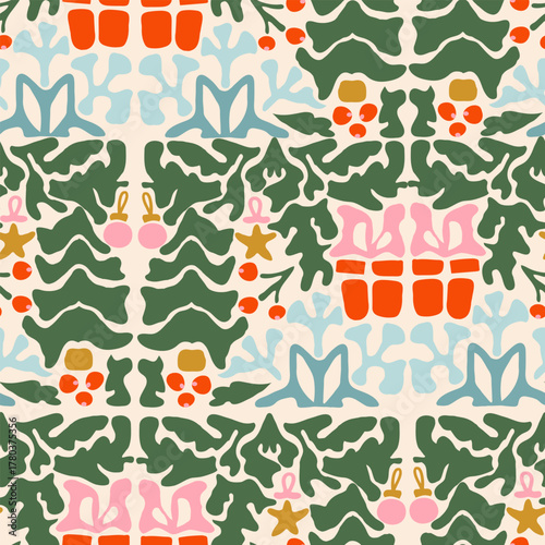 Christmas matisse illustration. Art nouveau festive winter background. Tile seamless pattern in groovy 60s 70s vibes.