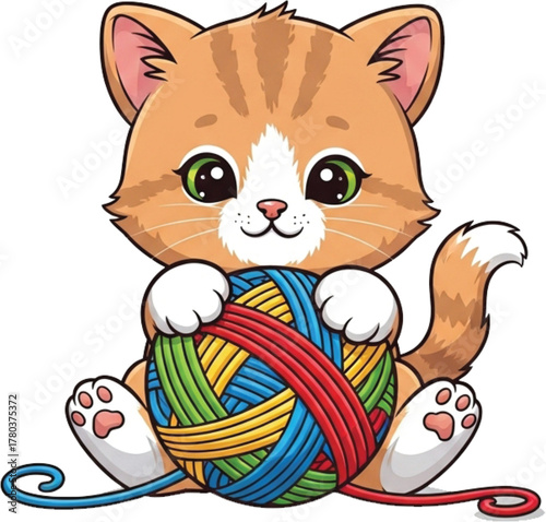 A cute cartoon kitten plays with a ball, a funny domestic animal vector illustration with a happy smile and tail