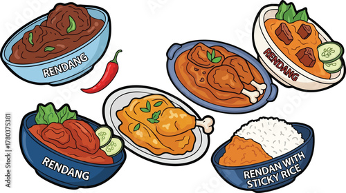 A Collection Of Delicious Indonesian Rendang Dishes And Chicken With Rice Vector Art