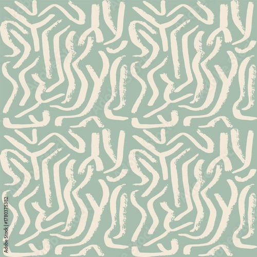 Exotic tribal seamless pattern with hand drawn brush strokes. Gouache painting background with scribble stripes