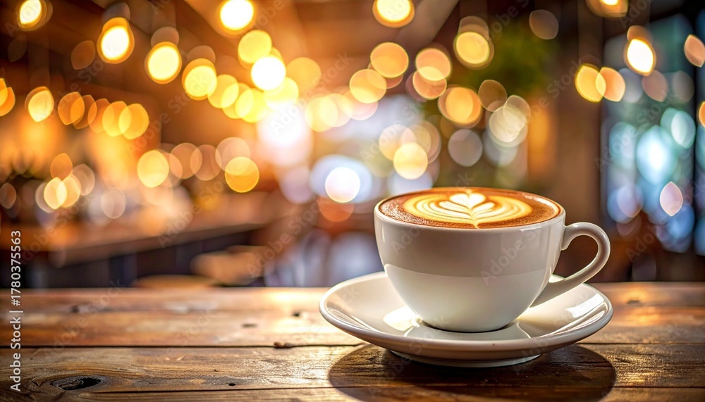 Obraz premium Cappuccino or latte with heart-shaped foam art in white ceramic cup on rustic wooden table with warm café lights for editorial coffee photography cozy lifestyle decor and poetic comfort-themed visuals