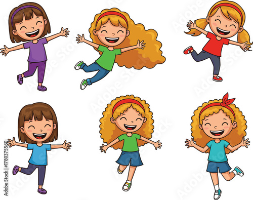 PrintHappy girls jumping, smiling, playing together, joyful children having fun, colorful cartoon kids expressing happiness, friendship, energy, laughter, and carefree childhood moments