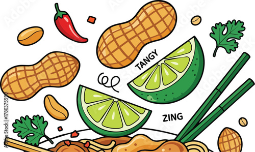 Pixel Art Illustration of Peanuts Lime Chili and Cilantro with Noodles Dish