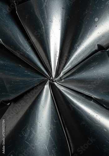 Abstract close-up of a metallic surface showing severe bending and stress fractures. The material is permanently warped and damaged, blank, plasticity, plate