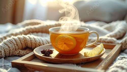 Steaming lemon tea with star anise on wooden tray beside cozy blanket and warm lighting for editorial wellness photography morning ritual decor and poetic comfort-themed visuals