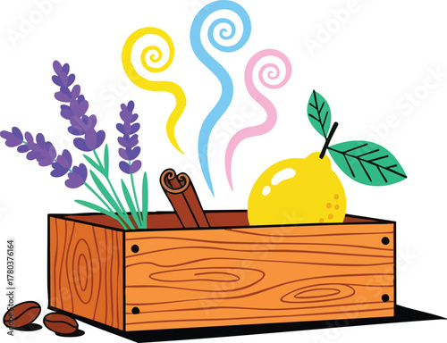 Wooden Crate Filled With Lavender Cinnamon Stick Yellow Lemon And Coffee Beans With Swirling Steam Effect
