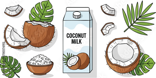 Fresh Coconut Milk Carton With Whole And Halved Coconuts And Green Leaves