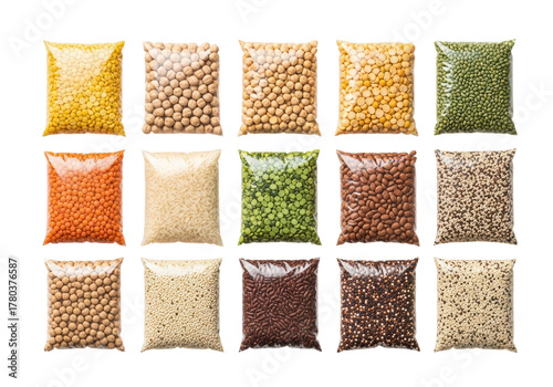 Assortment of dried legumes and grains in clear bags isolated on transparent background