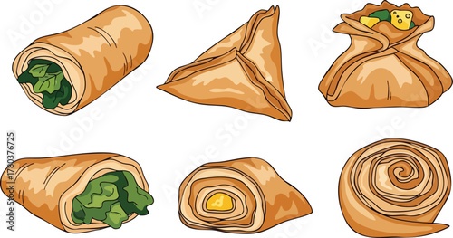 Six Baked Savory Pastries With Golden Brown Crusts Featuring Various Folds And Fillings Including Green Herbs And Yellow Cheese On A White Background