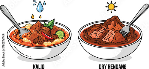 Illustration Of Two Bowls Of Traditional Malaysian Beef Stew Dishes Kalio And Dry Rendang With Utensils