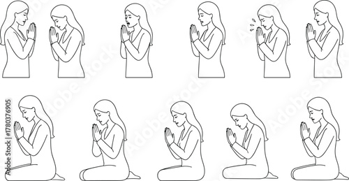 PrintLine art of woman praying in different postures, meditation and mindfulness illustration, yoga practice, spiritual calmness, religious worship drawing