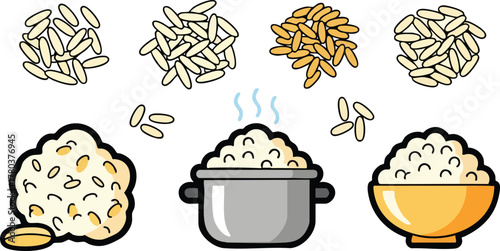 Various Piles Of Rice Grains And Cooked Rice In A Pot And Bowl