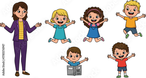PrintHappy teacher with joyful children, cartoon illustration of kids jumping and learning together, fun classroom education concept, smiling characters