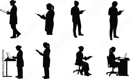 Silhouettes of people reading, working on laptops, studying, seated and standing, academic posture, productivity, education, research, office activity
