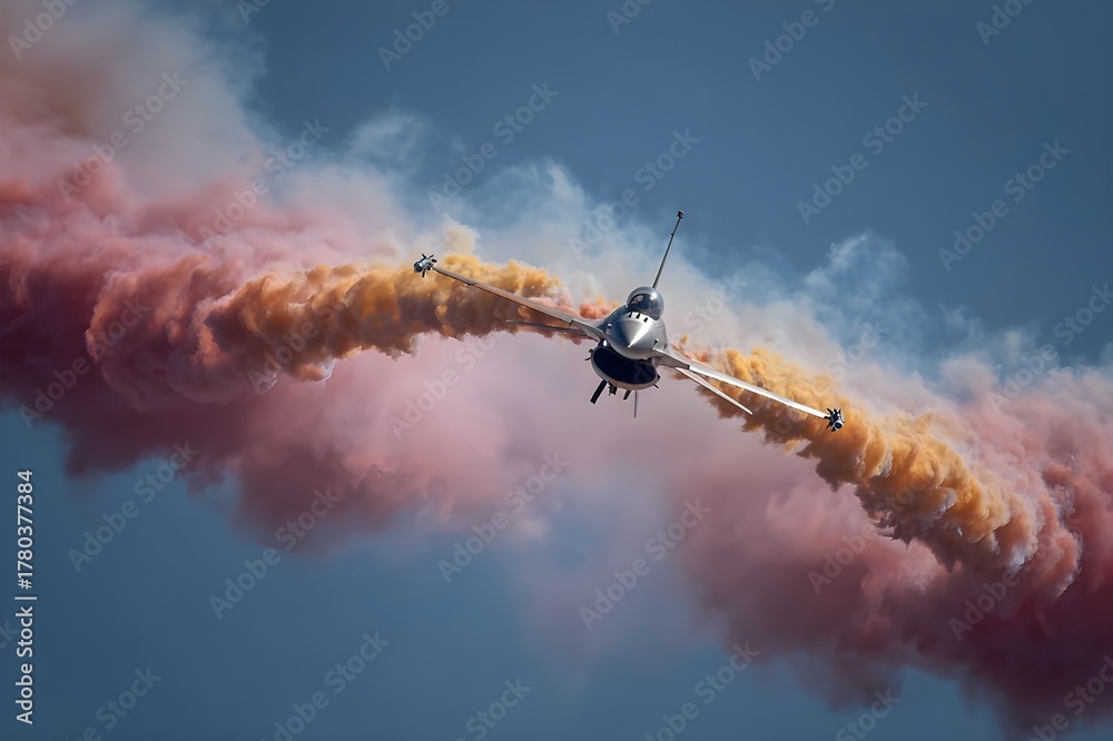 Naklejka premium Fighter Jet Performing Barrel Roll Maneuver With Smoke Trails Aerobatic Display Military Aviation Aerial Stunt