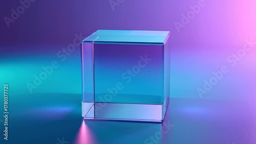 A clear glass cube sitting on a surface. The background is a mix of purple, teal, and pink gradients