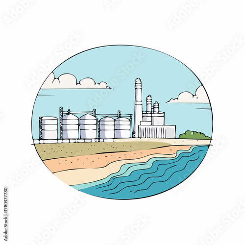 Desalination plant on the Coastline Drawing with storage tanks and factory