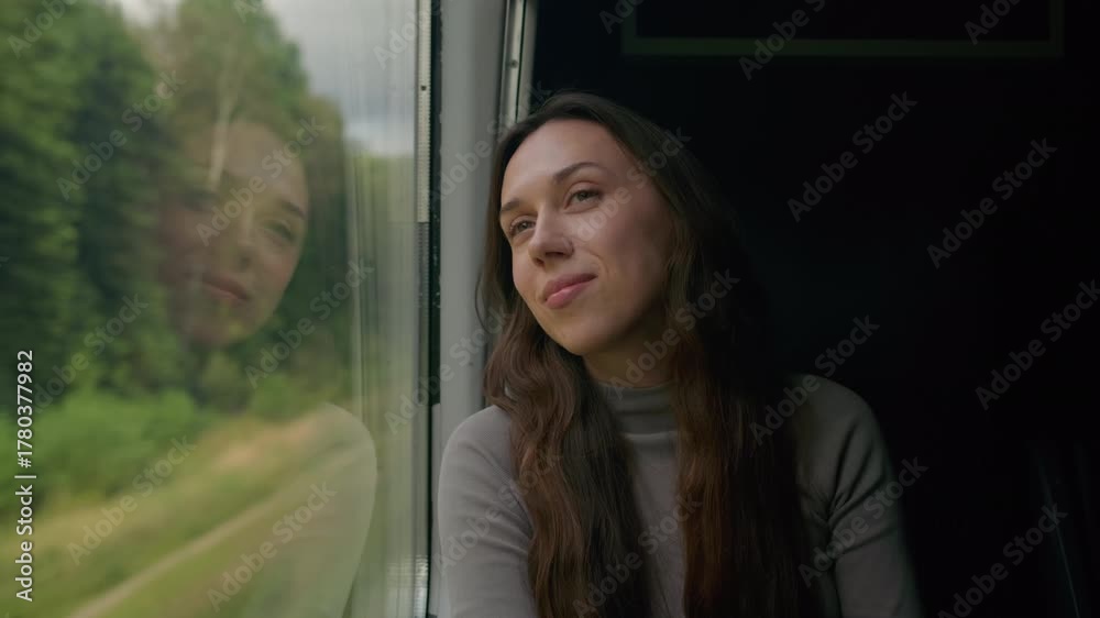 Young woman enjoys a scenic train journey through lush green landscapes ...