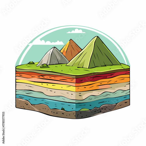 Stylized landfill cross section shows layers of ground and colorful trash history