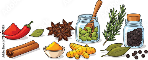 Collection Of Spices And Herbs Including Red Chili Powder Cinnamon Turmeric Ginger Cardamom Black Pepper Rosemary And Star Anise On White Background