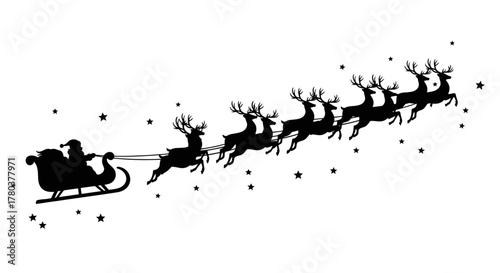 A black silhouette of Santa Claus riding his sleigh pulled by eight flying reindeer against a white background.