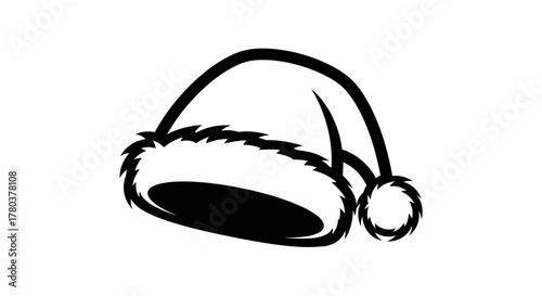 Stylized black and white illustration of a Santa hat with a fluffy brim and pom-pom.