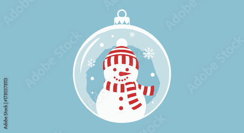 A cheerful cartoon snowman wearing a striped hat and scarf inside a transparent Christmas bauble ornament.