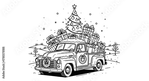 Black and white illustration of a vintage truck loaded with Christmas gifts and a tree.