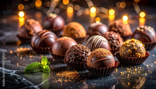 Gourmet chocolate truffles arranged on a dark slate board, each coated in glossy chocolate and topped with gold sprinkles, cocoa powder, or chocolate drizzle. Set against a black marble surface with w