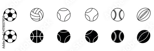 Sport ball. line and glyph vector collection featuring football, basketball, baseball, tennis, and soccer symbols for athletic, recreation, and sports design projects.